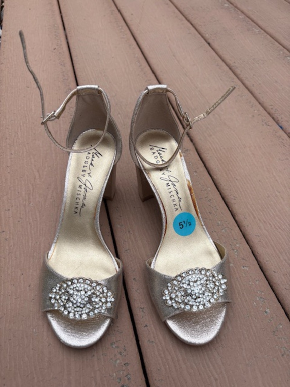NWOT Badgley Mischka Gold Crystal Ankle-Strap Heels, never worn, women’s sz 5.5